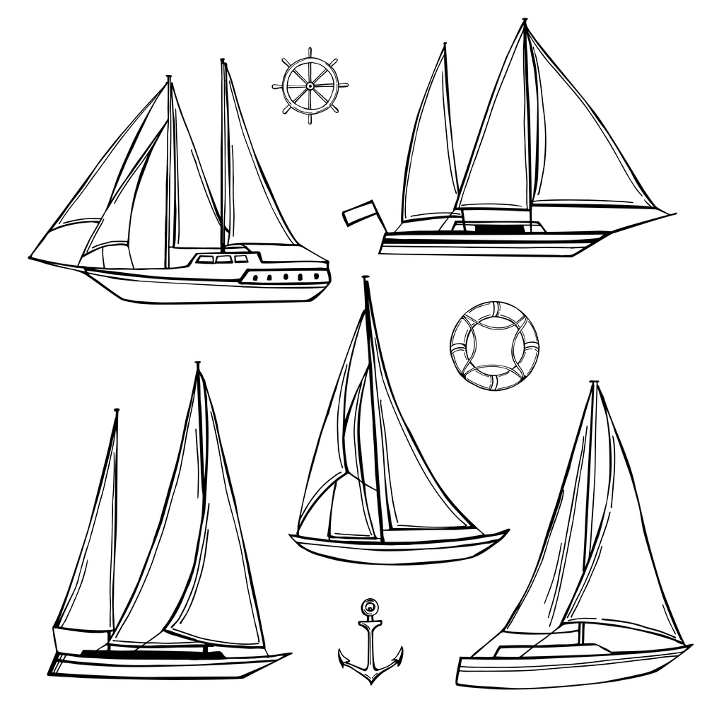 Hand drawn yachts set. Vector sketch  illustration.