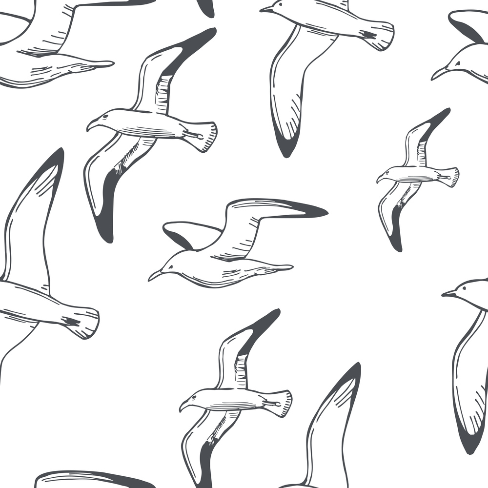 Hand drawn seagulls in flight. Vector  seamless pattern. . Seagulls in flight. Vector  pattern.