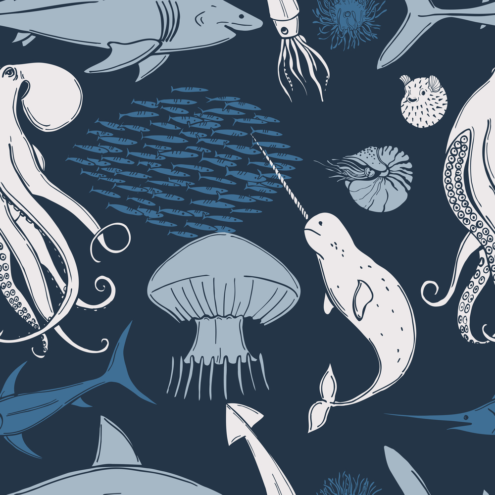 Hand drawn fish and wild marine animals on blue background. .Vector  seamless pattern. . Fish and wild marine animals set.