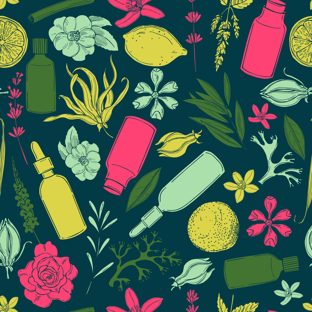 Aromatherapy. Essential oils.   Plants for perfumery. Vector  seamless pattern .  Essential oils and plants for perfumery.