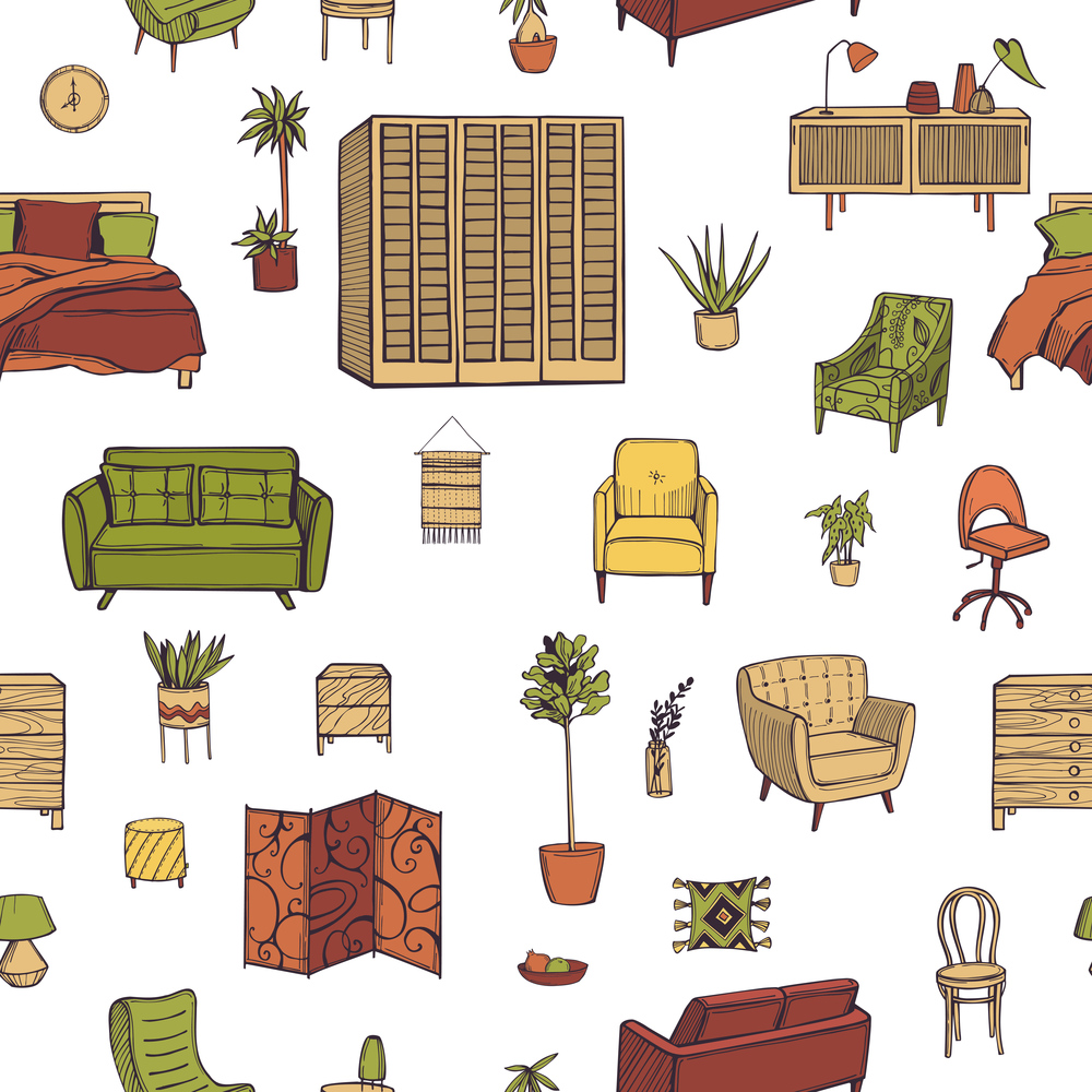 Furniture, lamps and plants for the home. Vector  seamless pattern. Furniture  for the home. Vector pattern