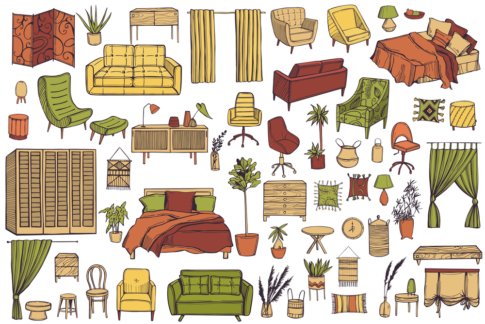 Furniture, lamps and plants for the home. Vector  illustration.. Furniture for the home.