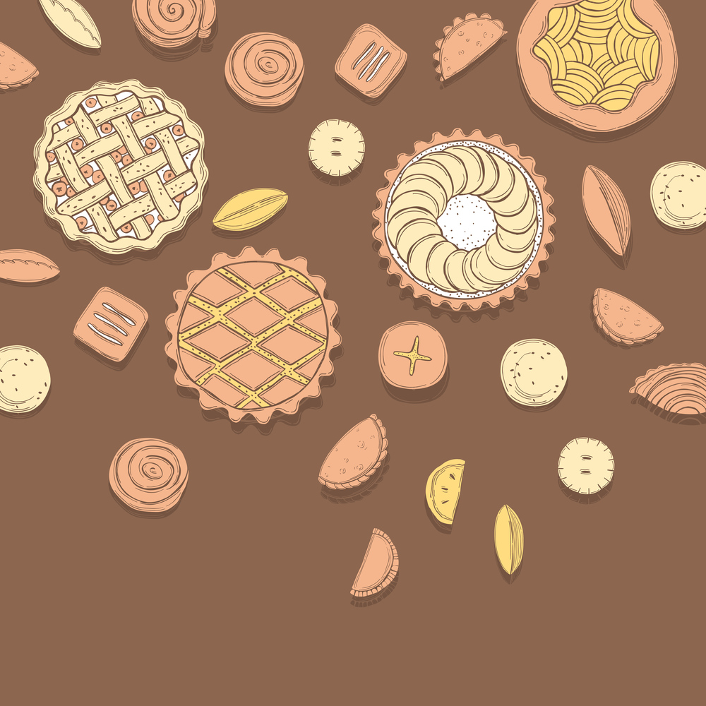 Hand drawn homemade pies. Vector  seamless pattern. . Homemade pies. Vector background