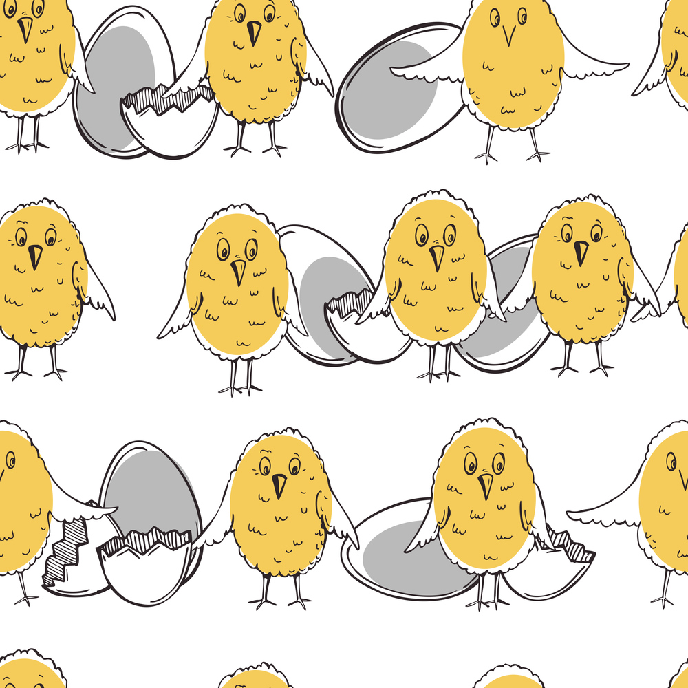 Hand drawn easter eggs and chickens. Vector  seamless pattern. . Easter eggs and chickens. Vector  pattern.