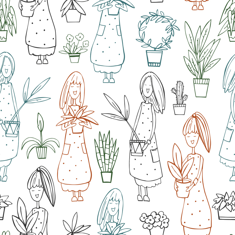 Love plants. Girls with  plants. Vector seamless pattern..  Girls with  plants. Vector pattern.
