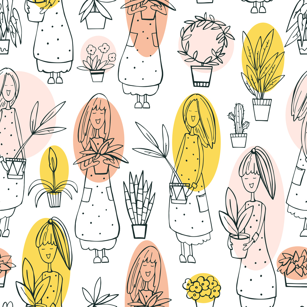 Love plants. Girls with  plants. Vector seamless pattern..  Girls with  plants. Vector pattern.