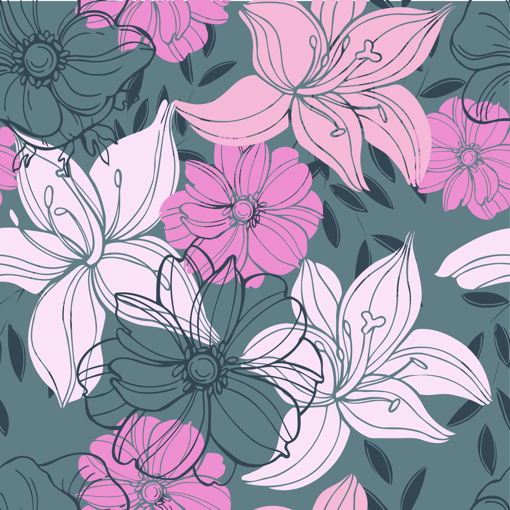 Floral background.  Vector seamless pattern with hand drawn flowers. Flowers. Vector pattern