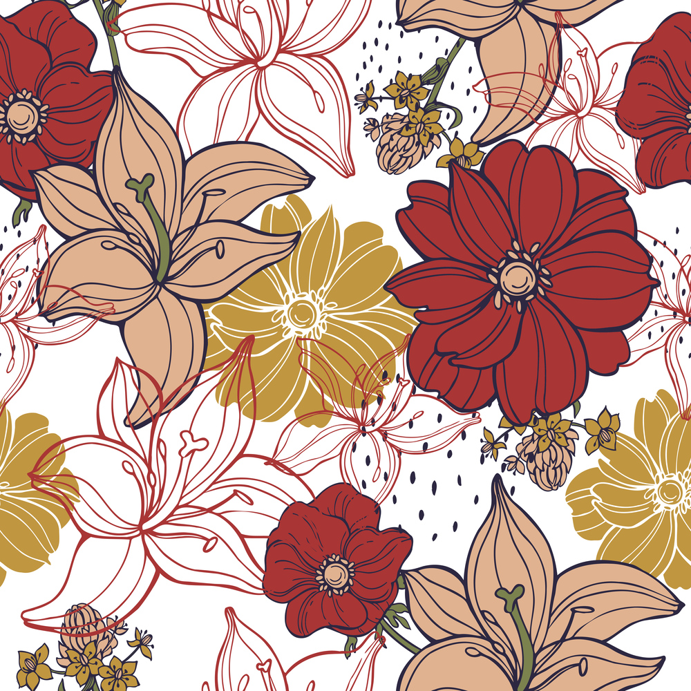 Floral background.  Vector seamless pattern with hand drawn flowers. Flowers. Vector pattern