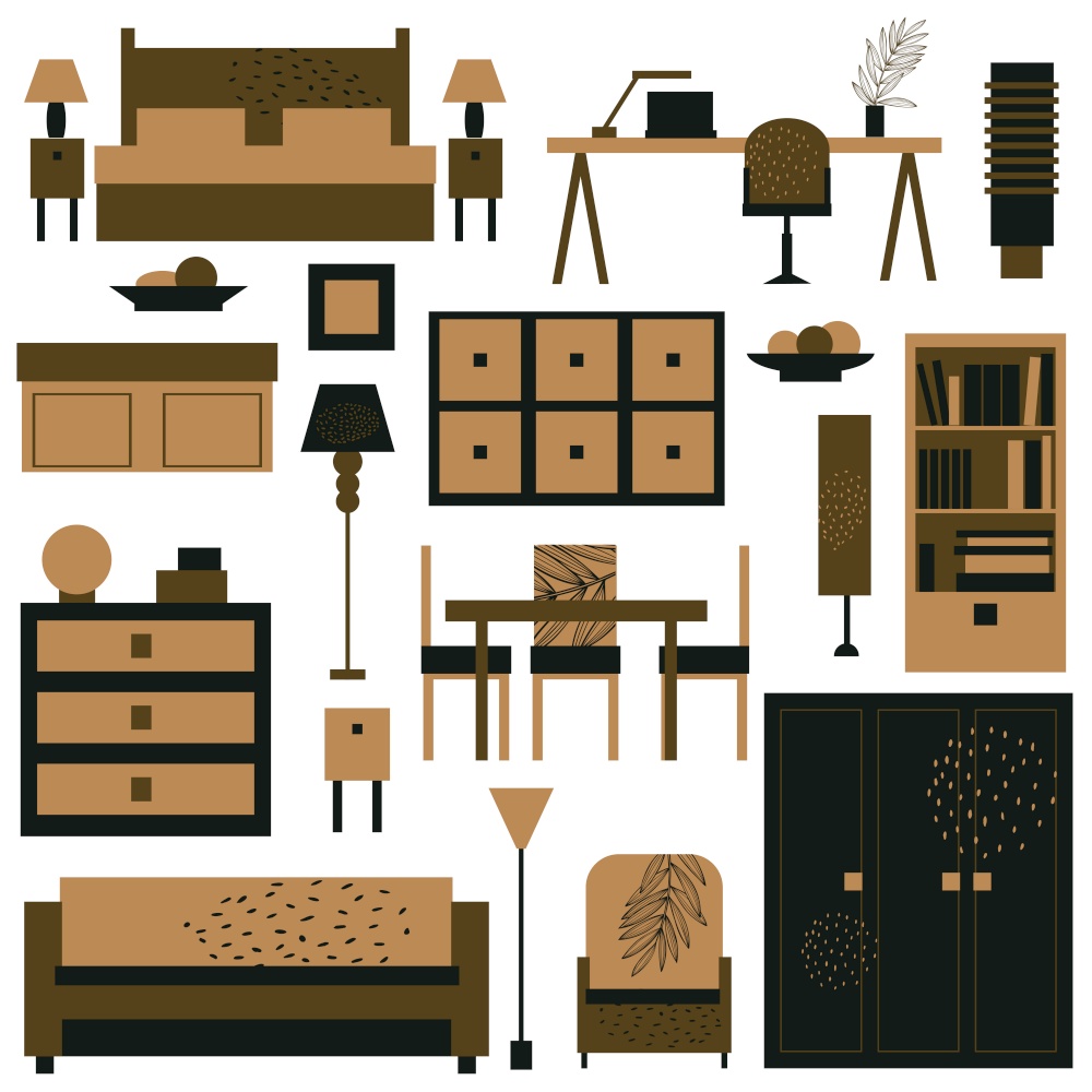 Furniture and  lamps for the home. Vector illustration.. Furniture, lamps and plants for the home.