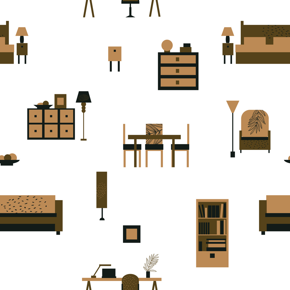 Furniture for the home. Vector  seamless pattern. Furniture and lamps  for the home. Vector pattern