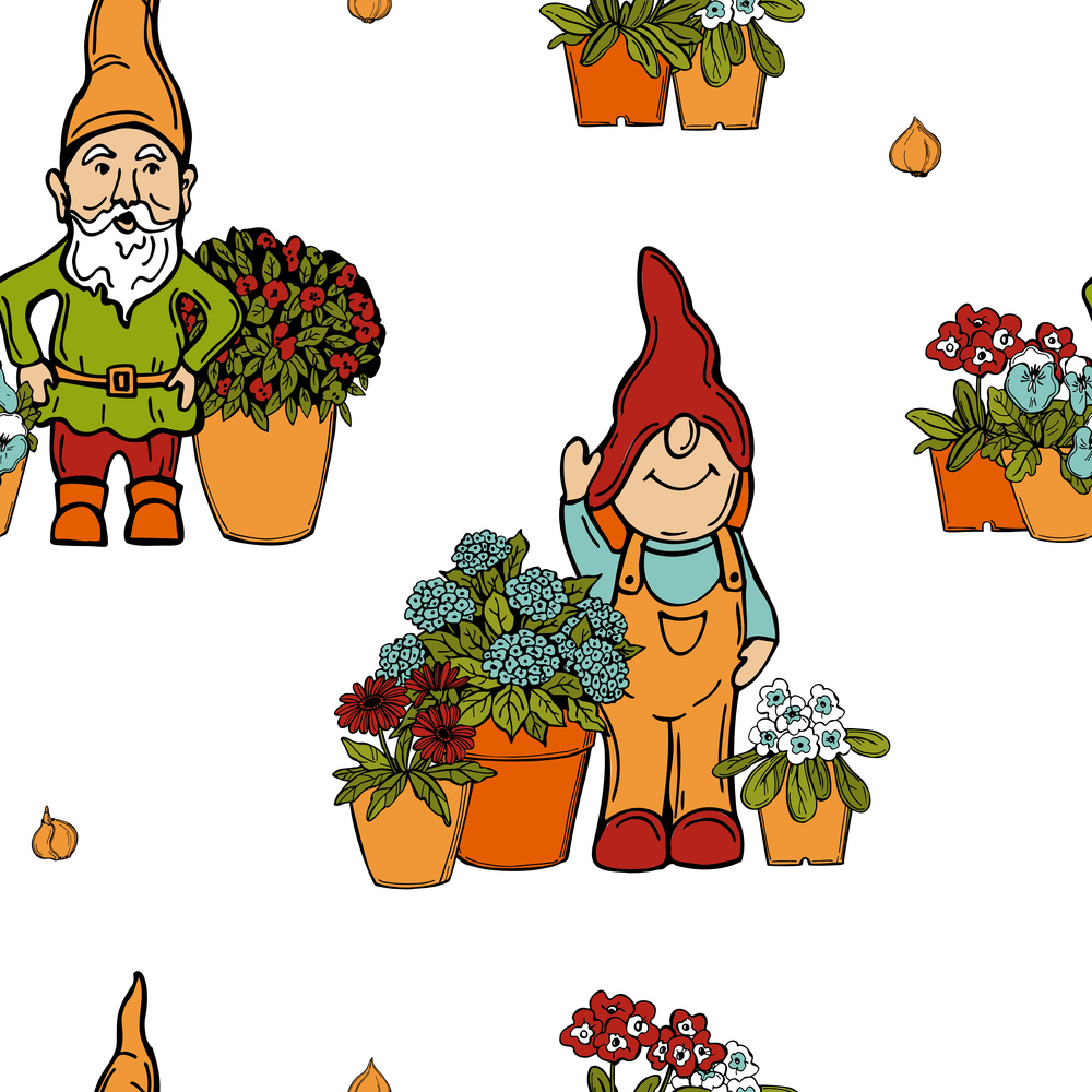 Hand drawn garden flowers and gnomes on white background.  Vector  seamless pattern. . Garden flowers and gnomes.  Vector pattern.