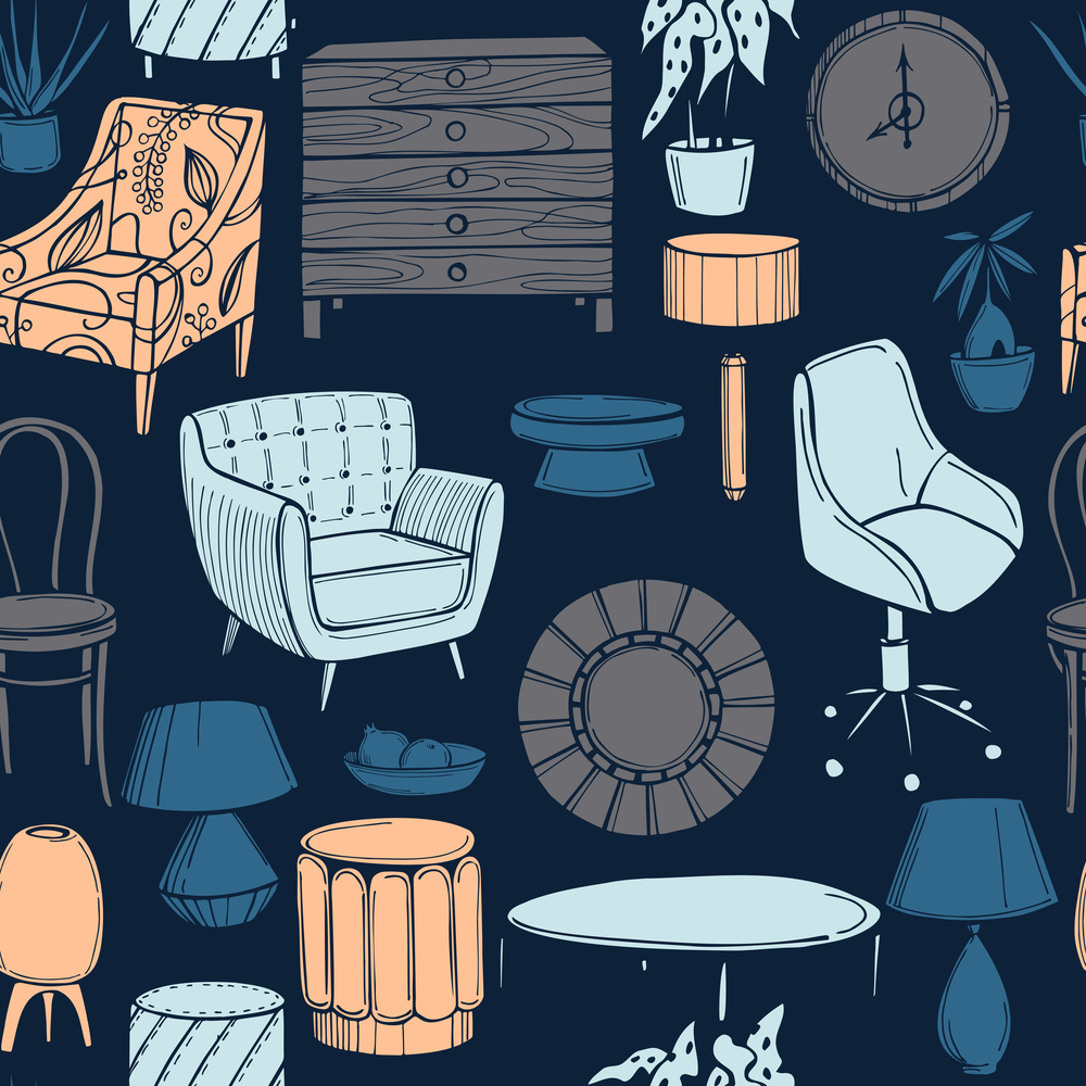 Furniture, lamps and plants for the home. Vector  seamless pattern. Furniture for the home.  Vector pattern.