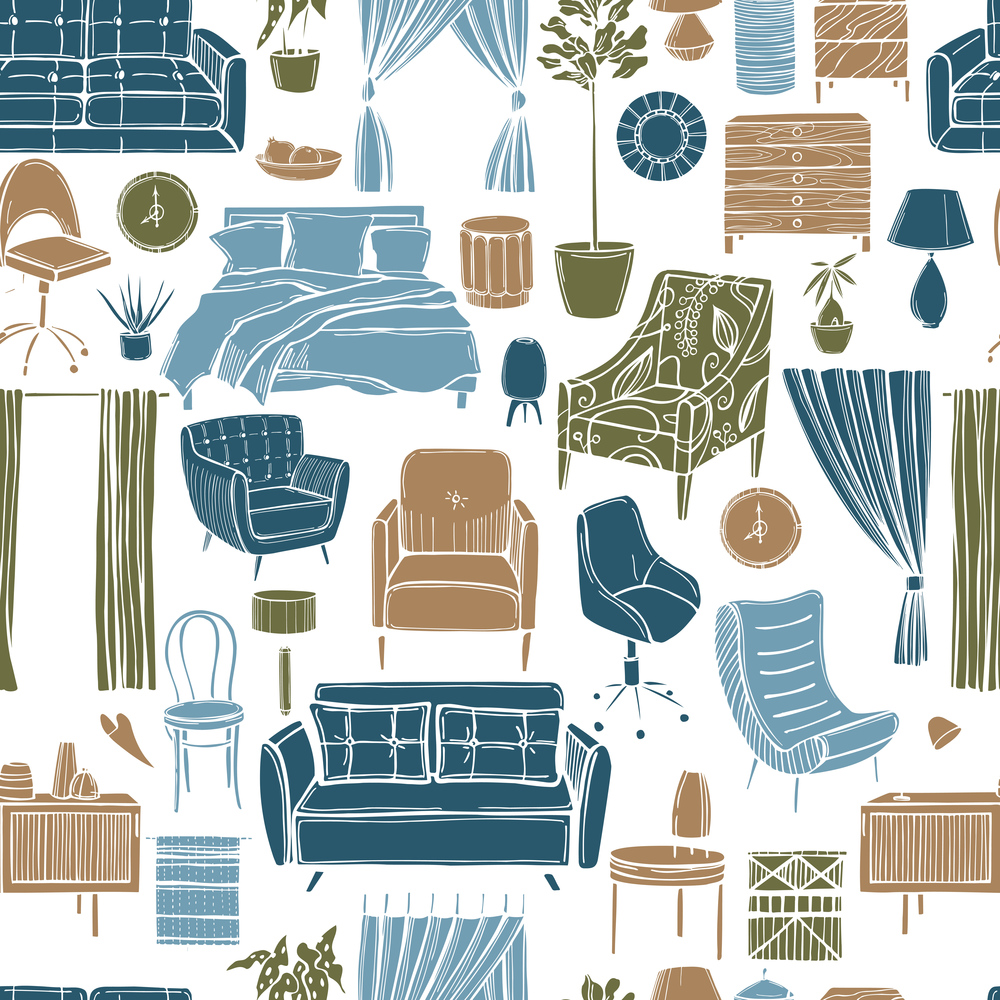Hand drawn furniture, curtains, lamps and plants for the home.  Vector seamless pattern.. Furniture, lamps and plants for the home. Vector pattern