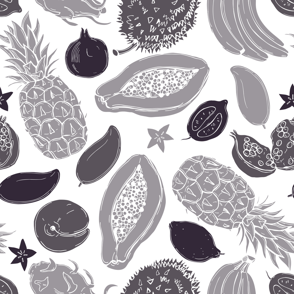 Hand drawn  tropical fruits .Vector  seamless pattern. . Tropical fruits. Vector  pattern