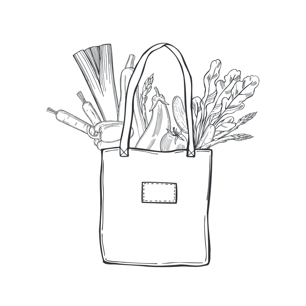 Hand drawn vegetables in  bag on white background. Vector sketch  illustration. . Vegetables in   bag. Sketch  illustration