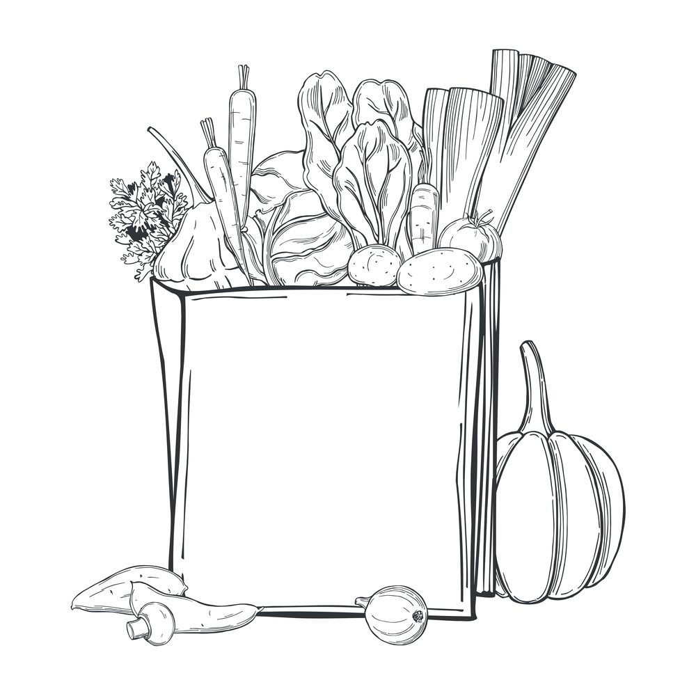 Hand drawn vegetables in  paper bag on white background. Vector sketch  illustration. . Vegetables in  paper bag. Vector illustration.