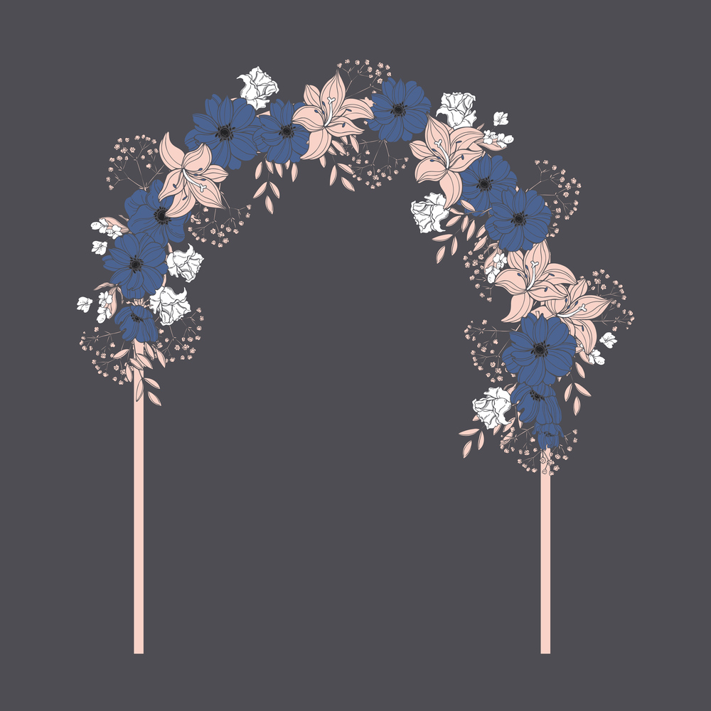 Wedding arch with blue and pink flowers . Vector illustration.. Wedding arch. Vector illustration.