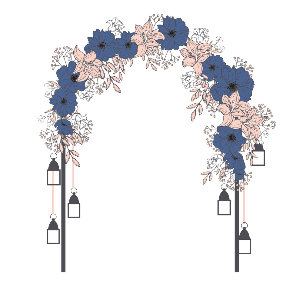 Wedding arch with blue and pink flowers . Vector illustration.. Wedding arch. Vector illustration.