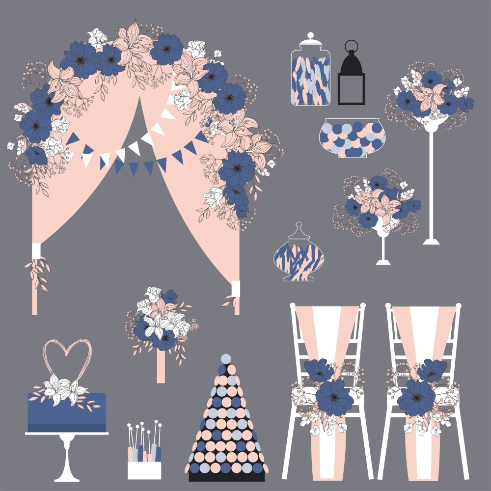Wedding set. Flowers, cake, decoration for chairs, bridal bouquet. Vector illustration.. Wedding set. Vector illustration.
