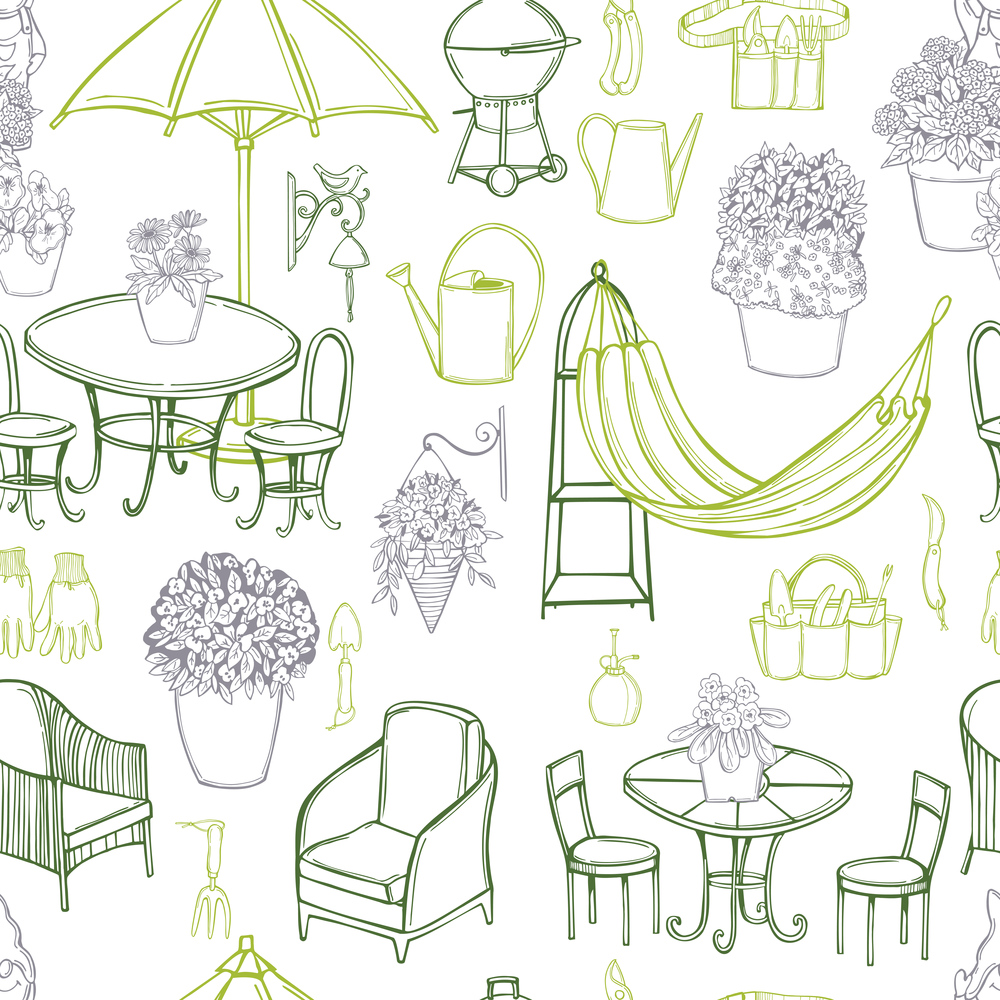 Hand drawn garden furniture. Vector  seamless pattern. . Garden furniture. Vector  pattern.