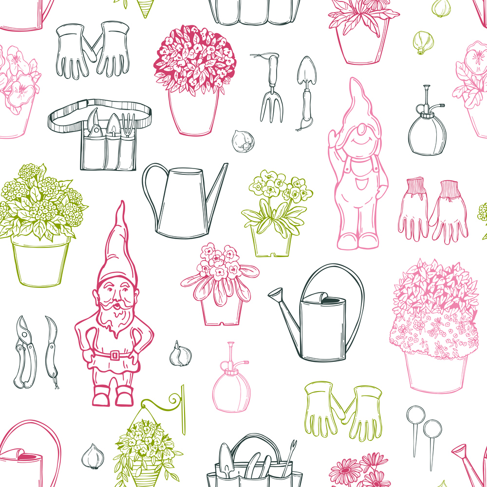 Hand drawn garden flowers and gnomes on white background.  Vector  seamless pattern. . Garden flowers. Vector pattern.