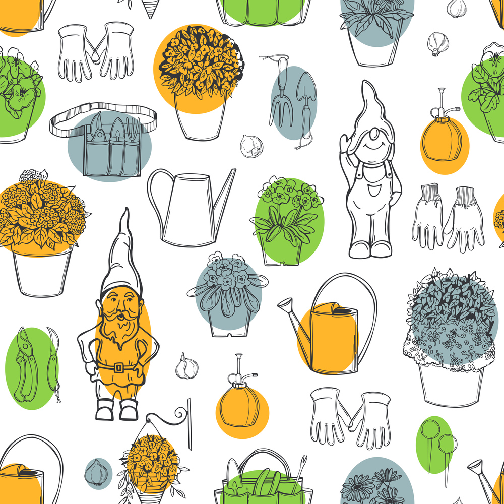 Hand drawn garden flowers and gnomes on white background.  Vector  seamless pattern. . Garden flowers. Vector pattern.
