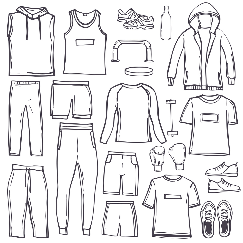 Hand drawn men&rsquo;s clothes for sports and fitness.  Sport style shirts, pants, jackets, tops, shorts. Vector sketch  illustration.. Clothes for sports and fitness. Sketch  illustration.