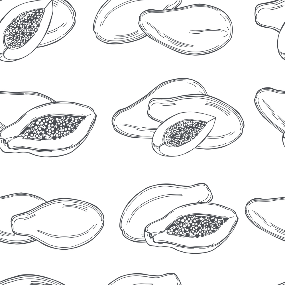 Hand drawn  papaya fruit  on white background.Vector  seamless pattern. . Tropical fruits. Vector  pattern