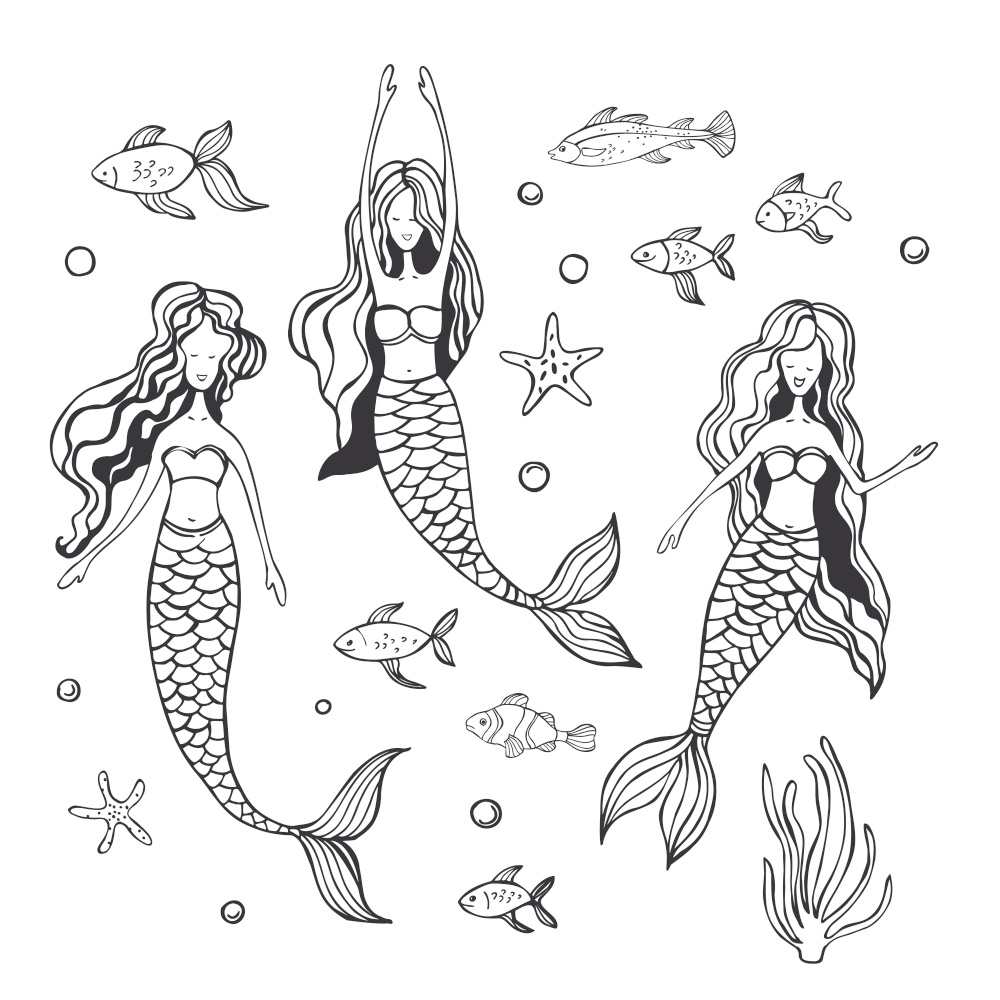 Hand drawn  mermaids on white background.Vector sketch  illustration.. Mermaids.Vector  illustration.