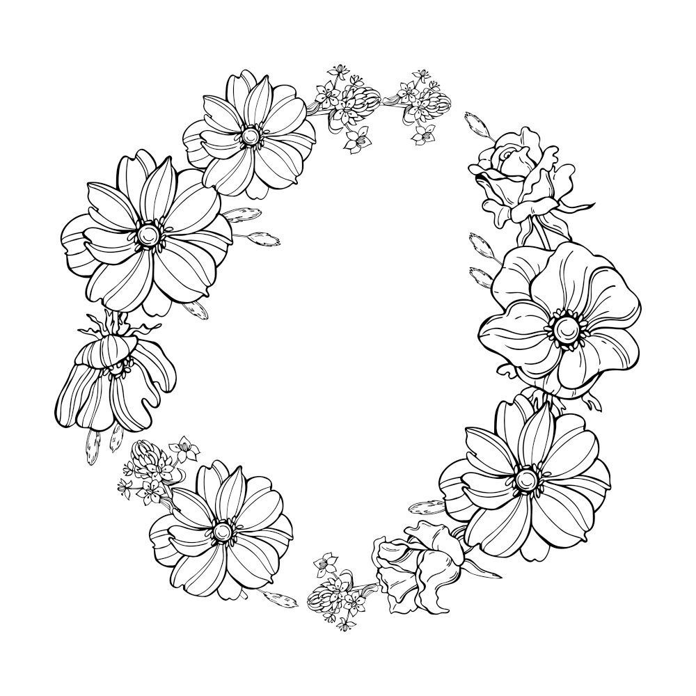 Hand drawn flower wreath. Vector sketch  illustration.. Flower wreath. Vector  illustration.