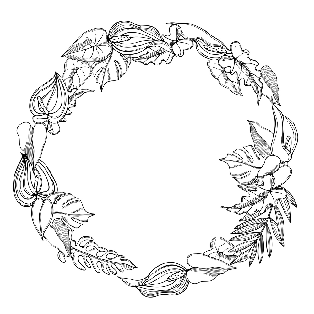 Hand drawn tropical wreath with flowers and leaves. Vector sketch illustration.. Tropical wreath. Vector illustration.