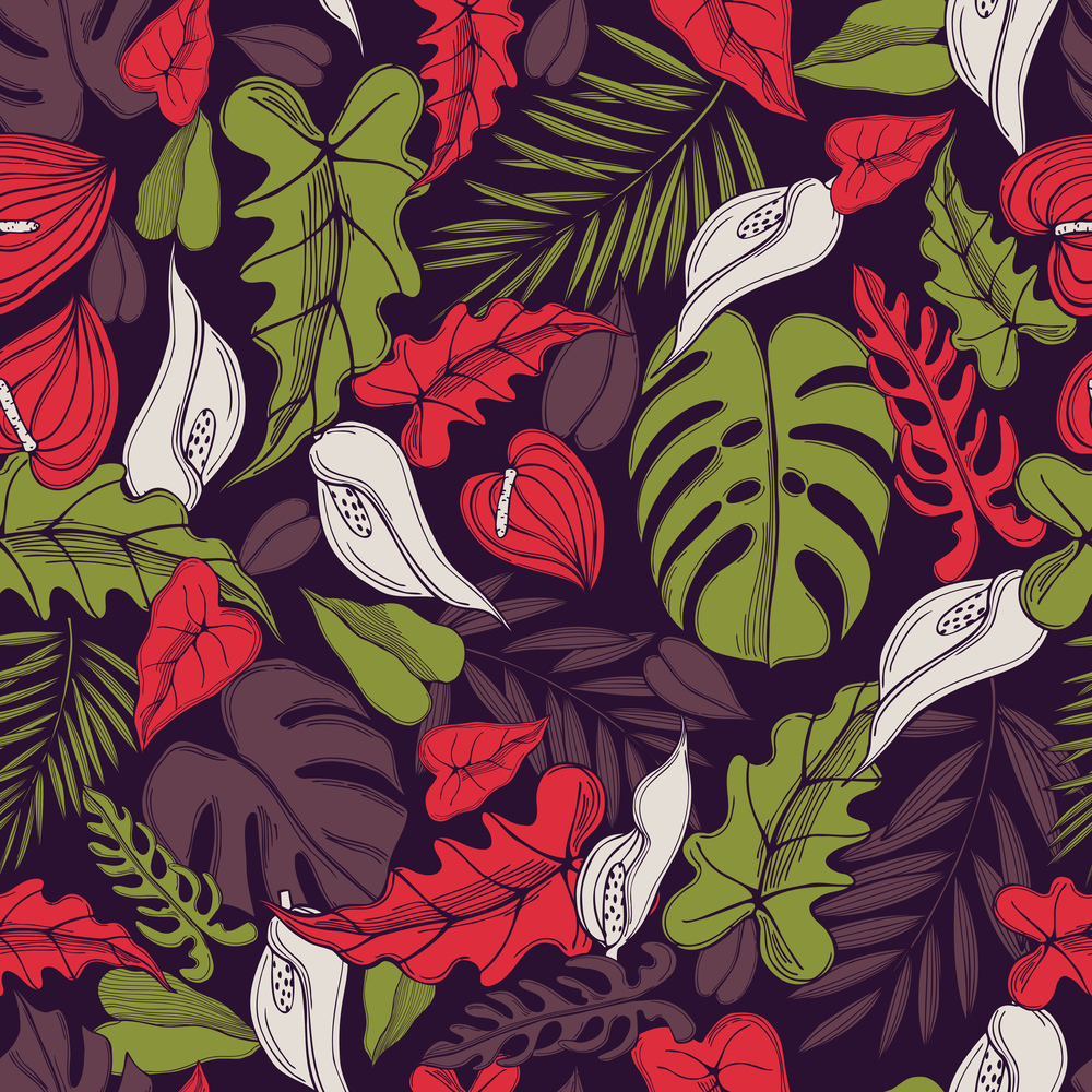 Hand  drawn tropical  leaves and flowers.  Vector seamless pattern .. Tropical flowers and leaves.  Vector pattern .