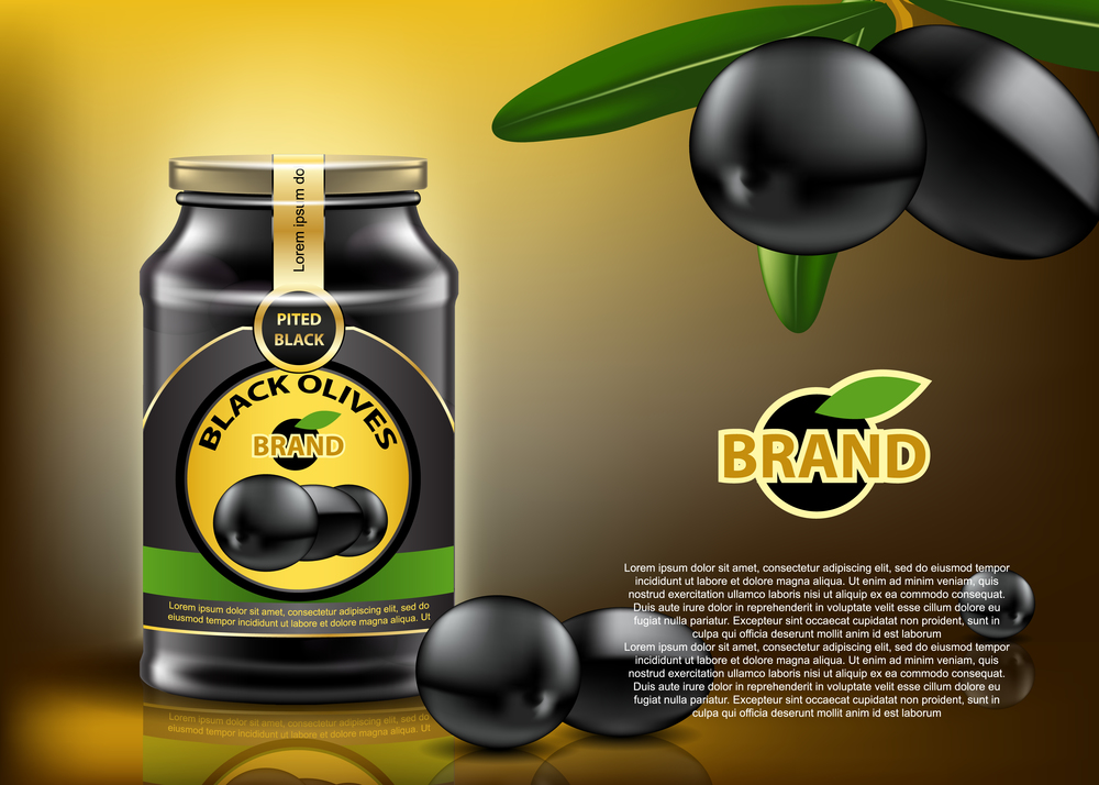 Traditional black olives canned in glass container with nice label and cover. Realistic editable mock up.