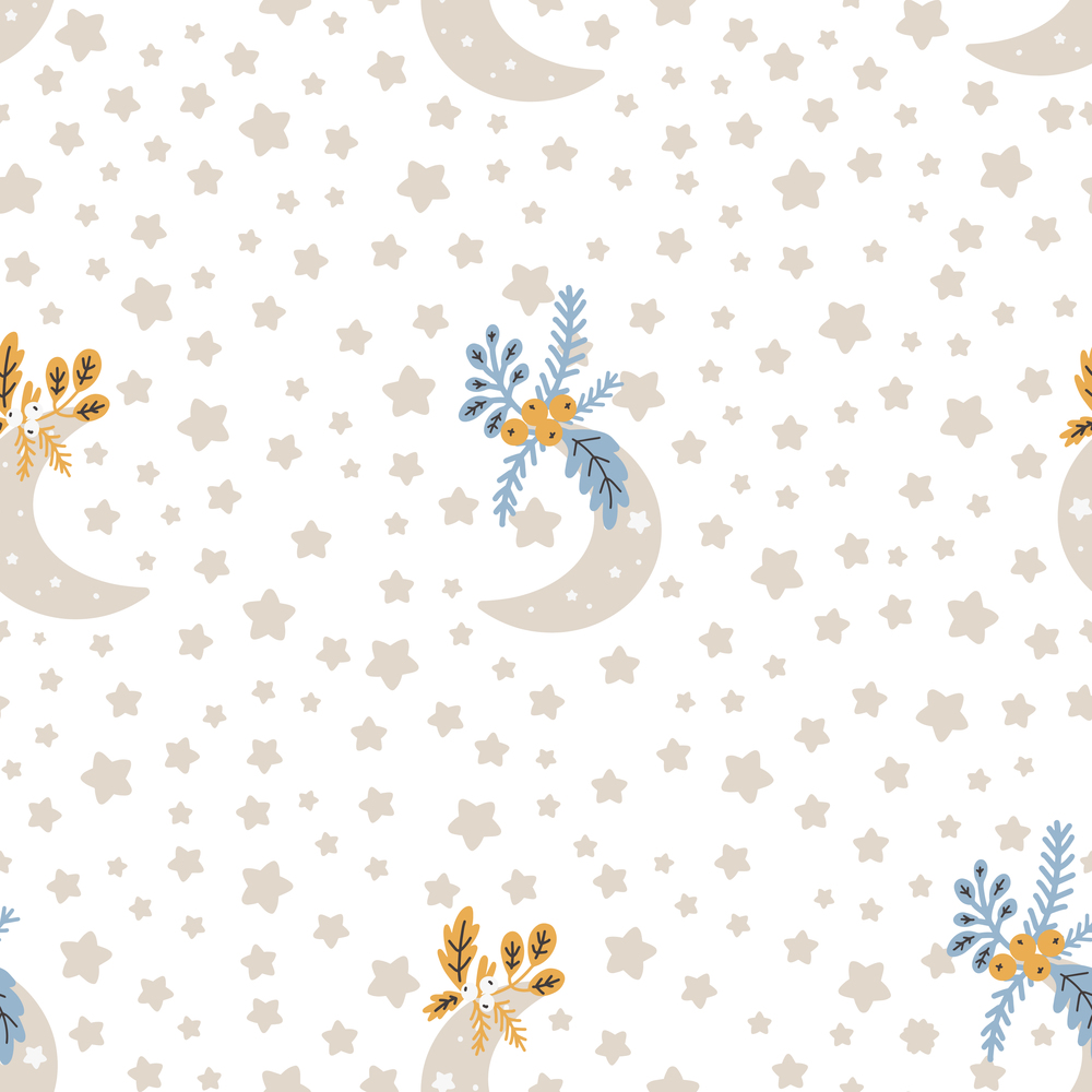 Christmas pattern with moon scandinavian hand drawn seamless pattern. New Year, Christmas, holidays texture for print, paper, design, fabric, background. Vector illustration. Christmas pattern with moon scandinavian hand drawn seamless pattern. New Year Digital paper