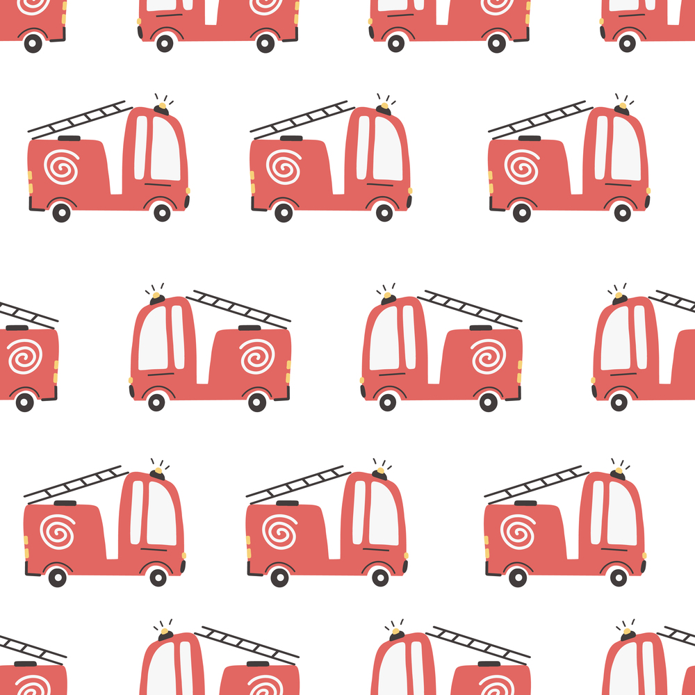 Cute fire truck cars seamless pattern. Vector baby illustration in scandinavian simple hand-drawn style digital paper. Cute fire truck cars seamless pattern. Vector baby illustration in scandinavian simple hand-drawn style digital paper.