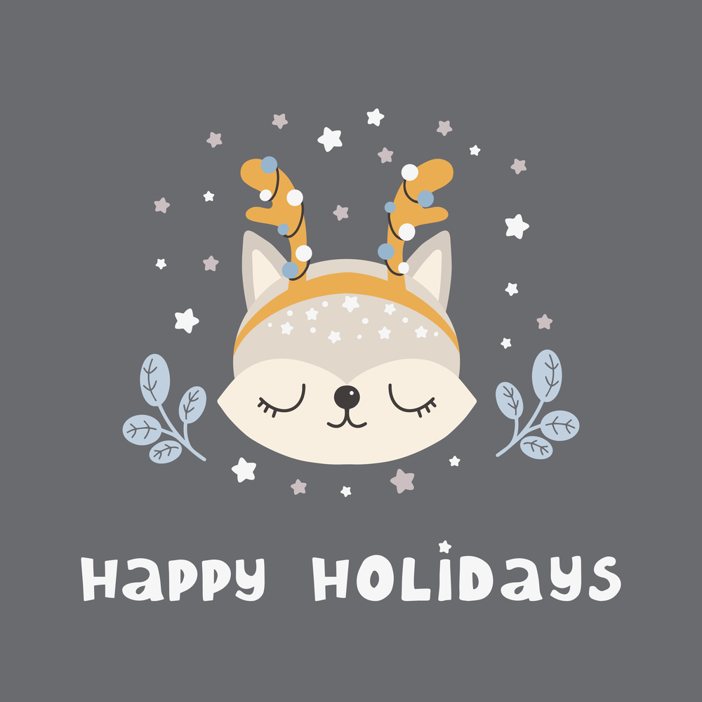 Merry Christmas and New Year Cute animal fox in scandinavian style with lettering - happy holidays. Cartoon animal. Cute print. Merry Christmas and New Year Cute animal fox in scandinavian style with lettering - happy holidays. Cartoon animal.