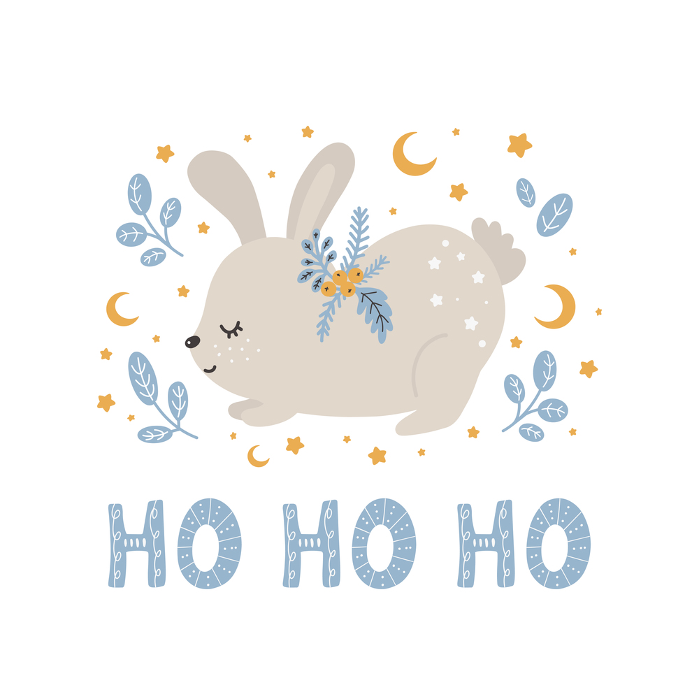 Merry Christmas and New Year Cute animal rabbit in scandinavian style with lettering - ho ho ho. Cartoon animal.Cute print. Merry Christmas and New Year Cute animal rabbit in scandinavian style with lettering - ho ho ho. Cartoon animal.