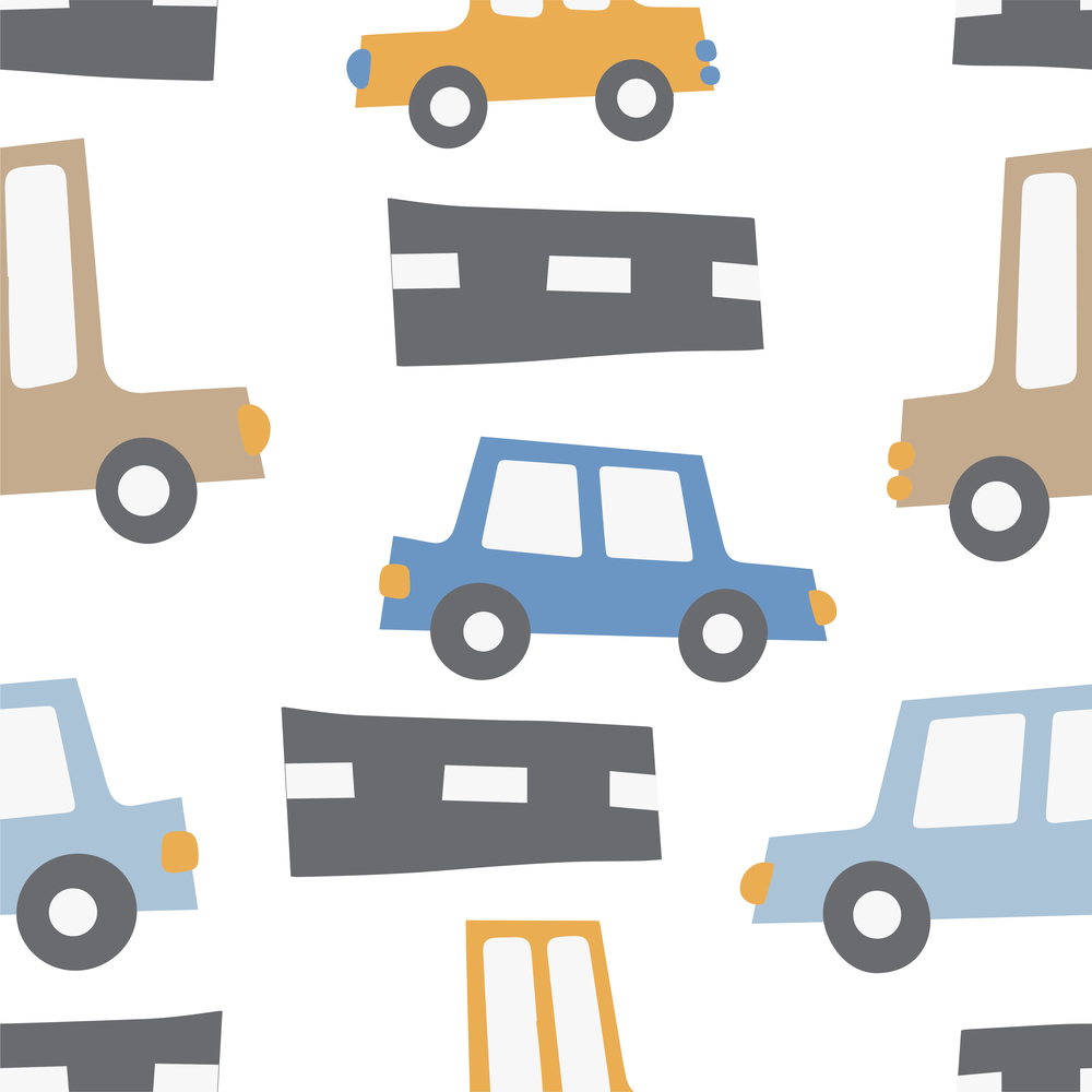 Children&rsquo;s pattern with cars. Cars. Transport. Road. Vector hand-drawn color seamless repeating children simple pattern with cars, in Scandinavian style road on a white background.. Children&rsquo;s pattern with cars. Cars. Transport. Road. Vector hand-drawn color seamless digital print