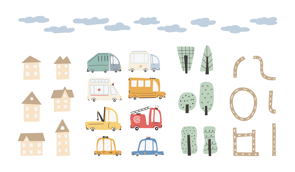Child&rsquo;s city cars set with cute houses and trees. Funny transport. Cartoon vector illustration in simple childish hand-drawn Scandinavian style for kids. The fire engine, ambulance, police, bus.. Child&rsquo;s city cars set with cute houses and trees. Funny transport. Cartoon vector illustration in simple childish hand-drawn.