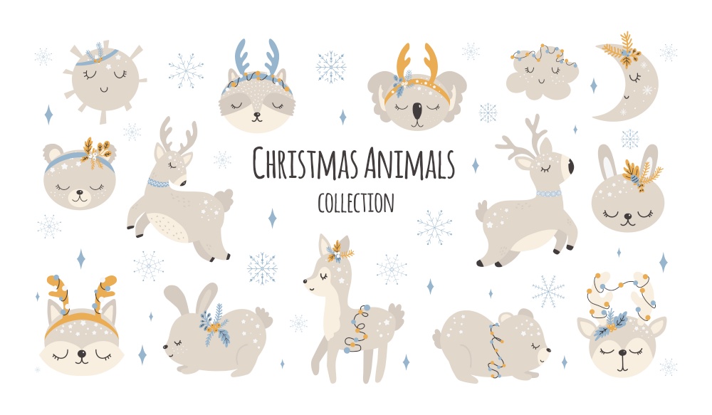 Collection of Christmas cute animals, merry Christmas illustrations of bear, bunny with winter accessories. Scandinavian style on a white background.. Collection of Christmas cute animals, merry Christmas illustrations of bear , bunny with winter accessories.