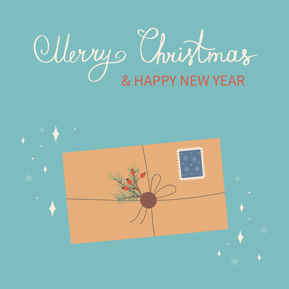Christmas and Happy New Year envelope with, stamps and Christmas tree branch, tied with a rope. Vector design template.. Christmas and Happy New Year envelope with, stamps and Christmas tree branch, tied with a rope. Vector design template