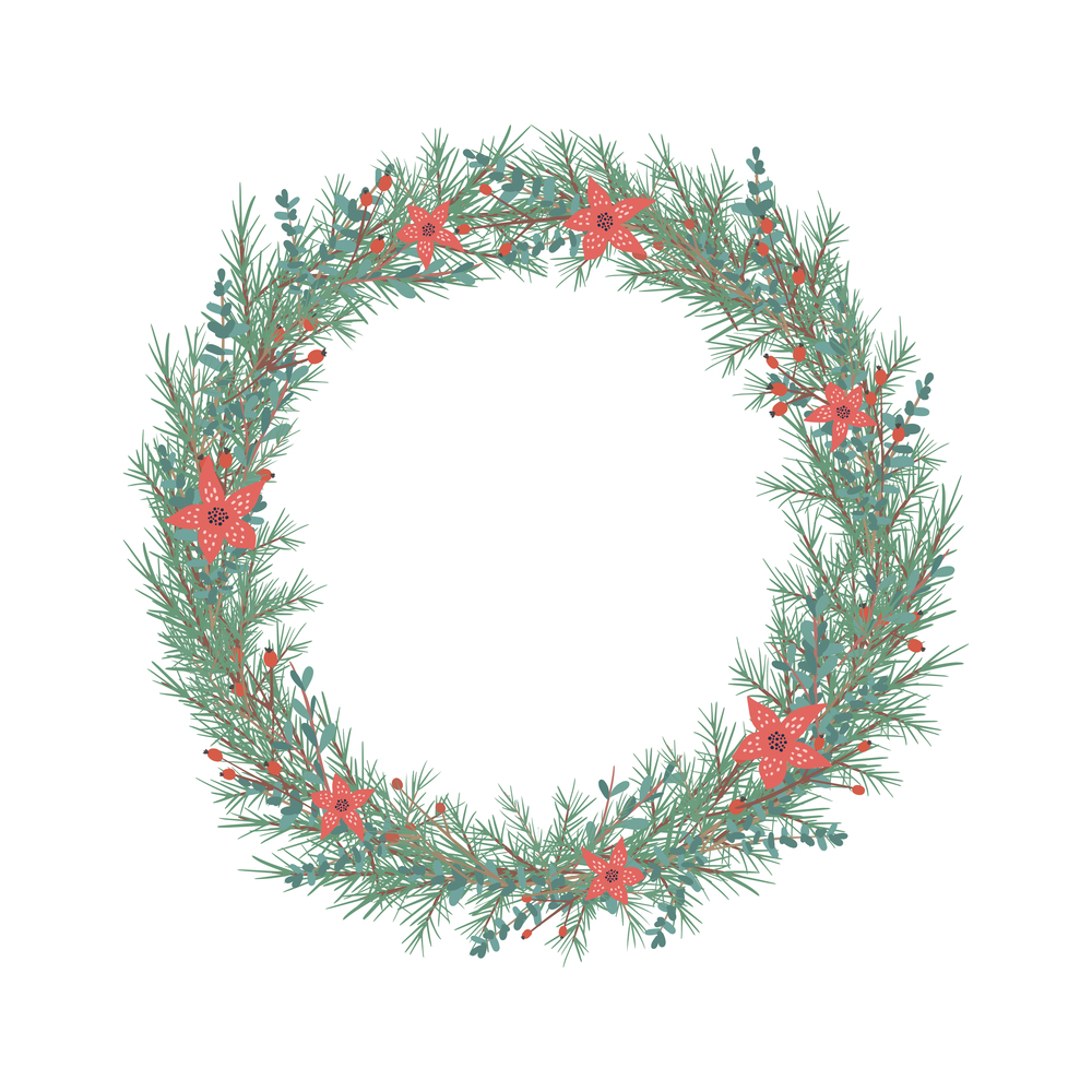 Christmas and Happy New Year illustration with Christmas wreath. Green spruce twigs, poinsettia and red berries. Vector illustration. Nature design greeting card template. Winter vacation.. Christmas and Happy New Year illustration with Christmas wreath. Green spruce twigs, poinsettia and red berries. Vector illustration.