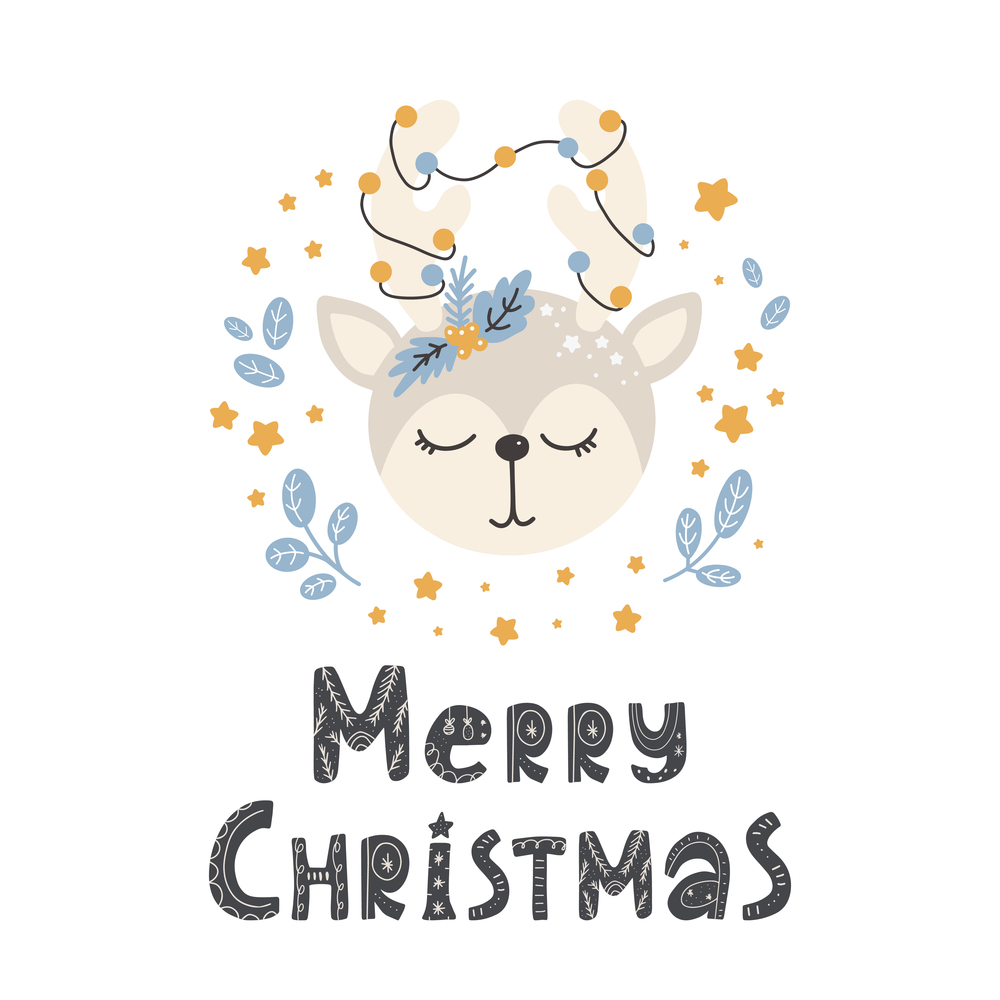 Cute animal deer in scandinavian style with lettering - merry christmas. Vector hand-drawn colored children&rsquo;s simple. Cartoon animal.. Cute animal deer in scandinavian style with lettering - merry christmas. Cartoon animal.