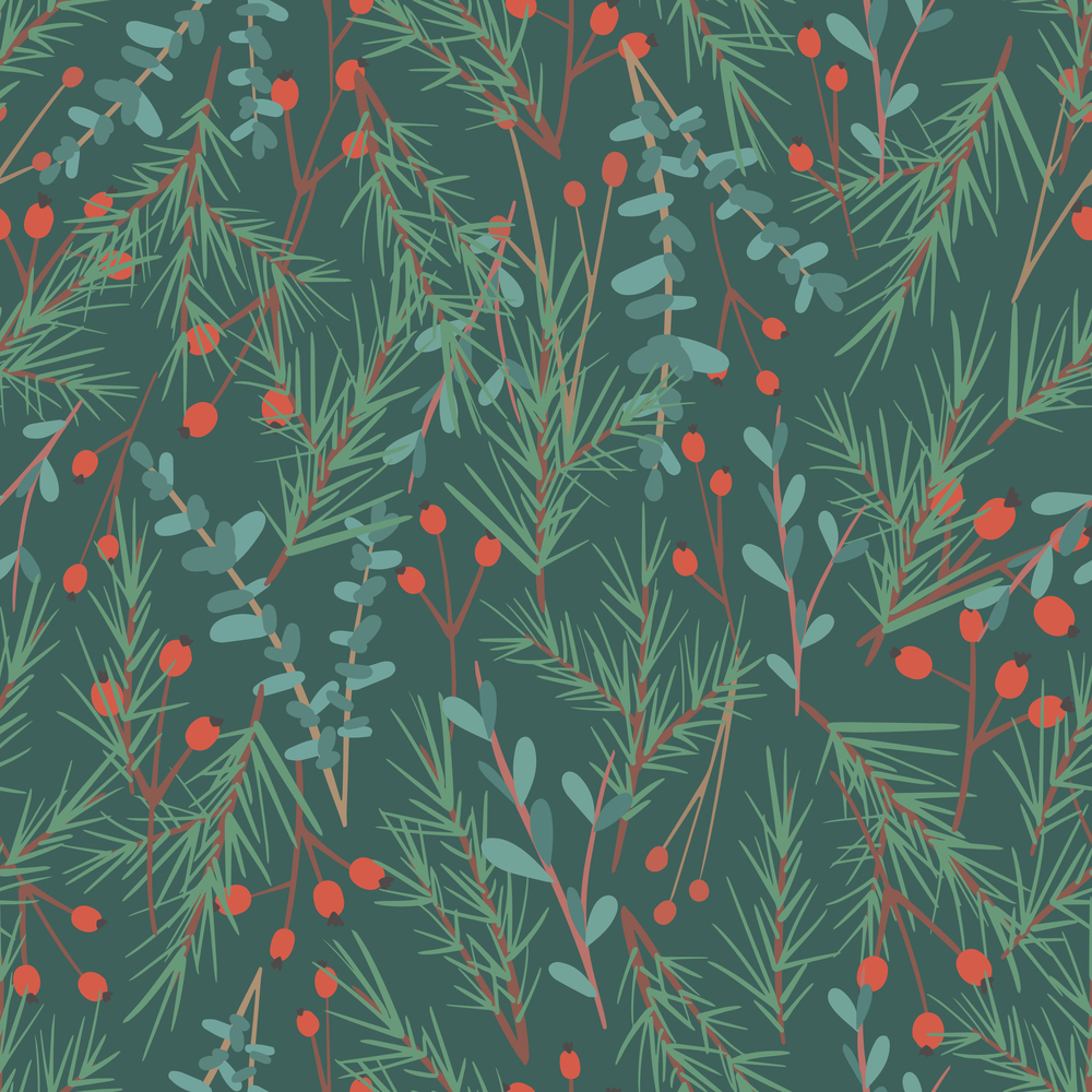 Christmas and Happy New Year seamless pattern with Christmas fir branches and berries. Vector design template. Digital paper.. Christmas and Happy New Year seamless pattern with Christmas fir branches and berries. Vector design template.