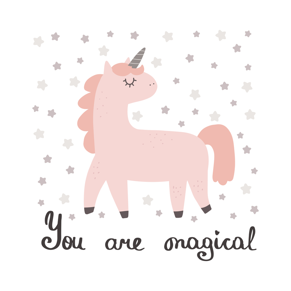 Cute unicorn with slogan graphic - you are magical, funny colorful pony character cartoons. Vector funny lettering, scandinavian hand drawn illustration for print, stickers, posters design.. Cute unicorn with slogan graphic - you are magical, funny colorful pony character cartoons.