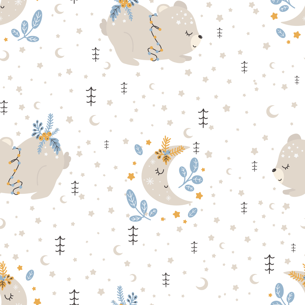Christmas pattern with animals scandinavian hand drawn seamless pattern. New Year, Christmas, holidays texture for print, paper, design, fabric, background. Vector illustration. Christmas pattern with animals scandinavian hand drawn seamless pattern. New Year Digital paper
