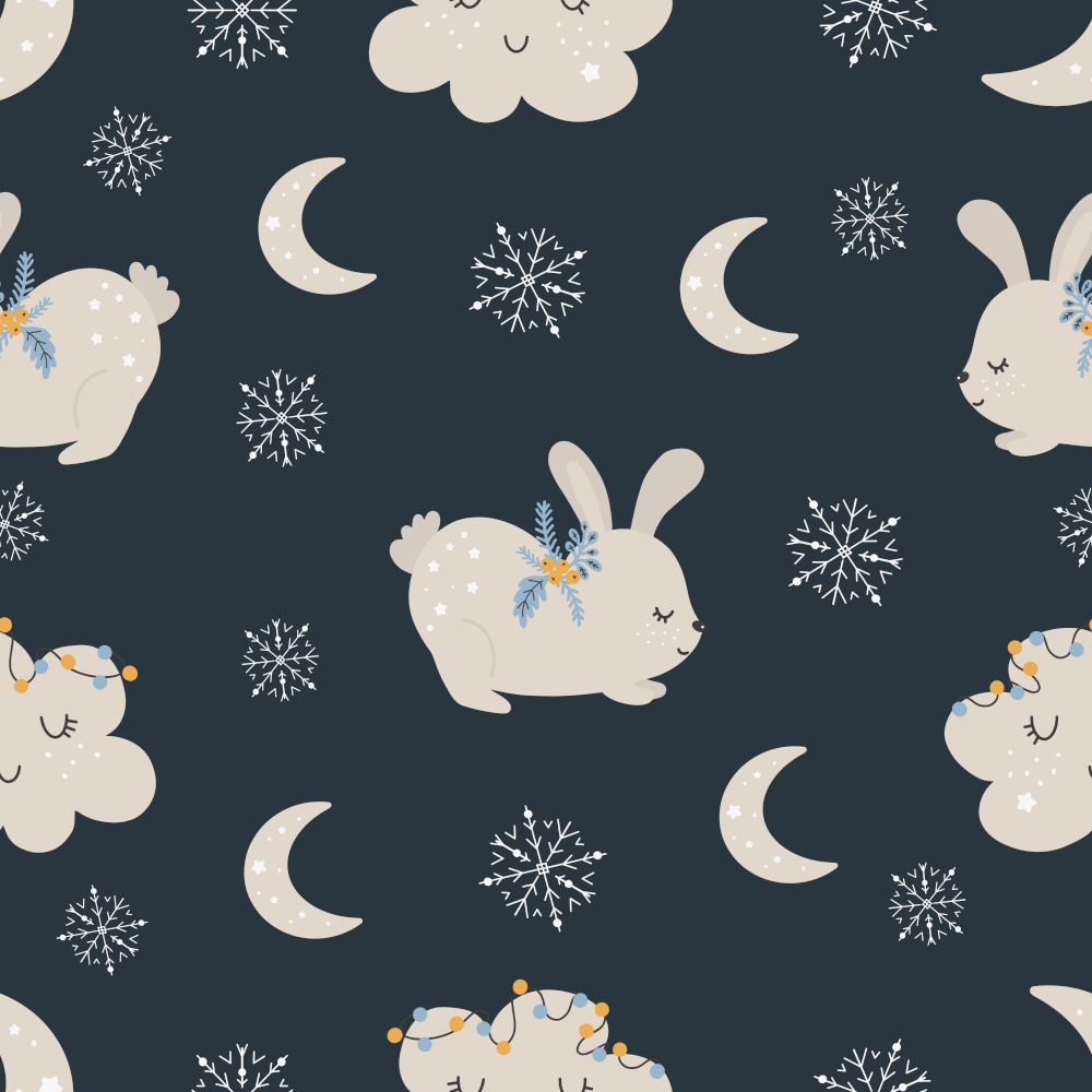 Christmas pattern with rabbit scandinavian hand drawn seamless pattern. New Year, Christmas, holidays texture for print, paper, design, fabric, background. Vector illustration. Christmas pattern with rabbit scandinavian hand drawn seamless pattern. New Year Digital paper