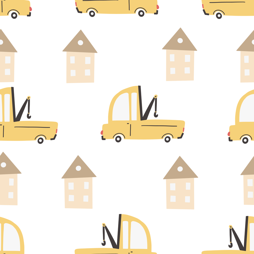 Children&rsquo;s pattern with cars. Cars. Transport. Vector hand-drawn color seamless repeating children simple pattern with cars and lettering, in Scandinavian style road on a white background.. Children&rsquo;s pattern with cars. Cars. Transport. Vector hand-drawn color seamless digital print