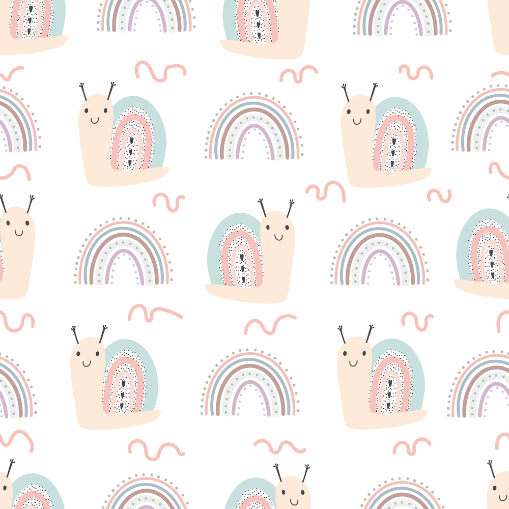 Hand drawn illustration and seamless pattern with cute snails and rainbow. Vector baby illustration in scandinavian simple hand drawn style digital paper. Hand drawn illustration and seamless pattern with cute snails and rainbow.