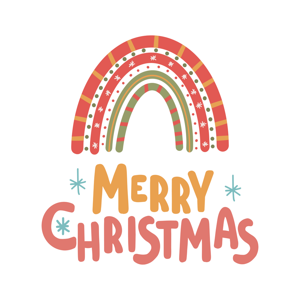 Merry Christmas inspirational lettering card with rainbow Cute print. Merry Christmas inspirational lettering card with rainbow